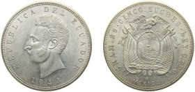 Ecuador Republic 1943Mo 5 Sucres Silver (.720) Mexico city mint 25g UNC KM79 Schön74