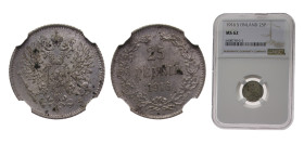 Finland Grand Duchy 1916S 25 Penniä - Nikolai II (with crown) Silver (.750) Helsinki mint 1.275g NGC MS62 KM6 Schön4