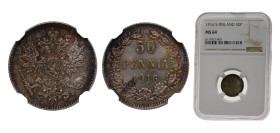 Finland Grand Duchy 1916S 50 Penniä - Nikolai II Silver (.750) Helsinki mint 2.55g NGC MS64 KM2.2 Schön5