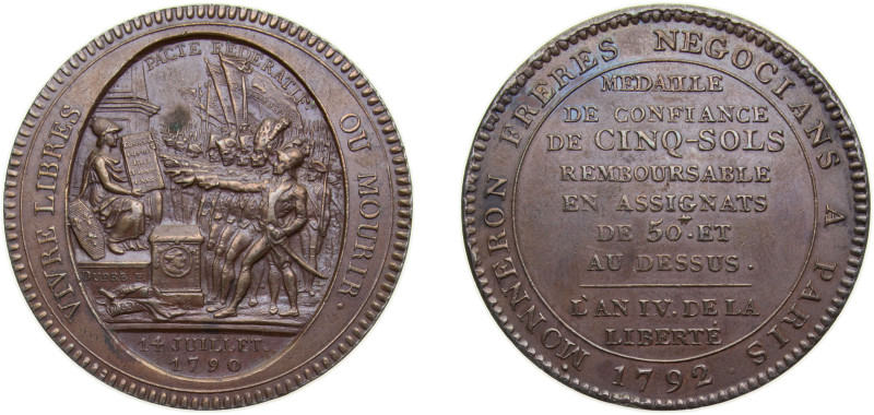 France First Republic 1792 5 Sols (Monneron Freres) Bronze 30g XF KMTn31