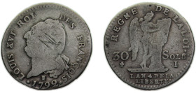 France Kingdom 1792I 30 Sols - Louis XVI (FRANÇOIS) Silver (.666) Limoges mint 9.8g VF Dy1720 Gad39 KM606