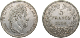 France Kingdom 1841W 5 Francs - Louis-Philippe I Silver (.900) Lille mint 25g XF KM749 F324 Gad678