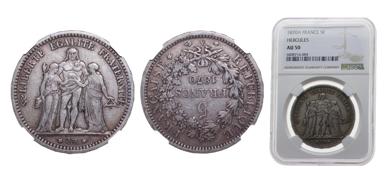 France Third Republic 1870A 5 Francs, Rare Silver (.900) Paris mint 25g NGC AU50...
