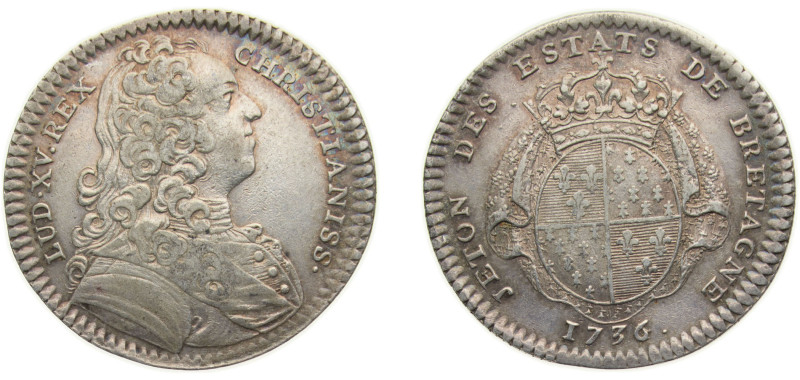 France Kingdom 1736 Jeton - Louis XV (Etats de Bretagne; Rennes) Silver 7g XF Da...