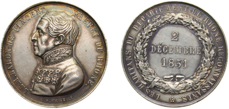 France Second Empire 1851 Jeton, L.C.M.BARON DE VINCENT PREFET DU RHONE Silver 1...