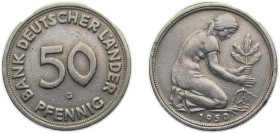Germany Federal Republic of Germany 1950G 50 Pfennig Copper-nickel (75% Copper, 25% Nickel) Karlsruhe mint 3.5g VF KM104 J379 Schön102