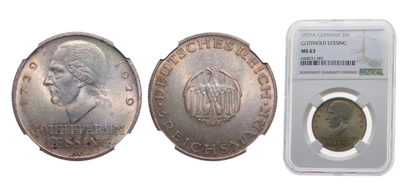 Germany Germany - 1871-1948 Weimar Republic 1929A 3 Reichsmark (Lessing) Silver ...