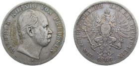 Germany Kingdom of Prussia German states 1866A 1 Vereinsthaler - Wilhelm I Tooled Silver (.900) Berlin mint 18.52g VF KM494