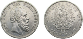 Germany Kingdom of Württemberg Second Empire 1888F 5 Mark - Karl I Silver (.900) Stuttgart mint 27.778g XF KM623 J173