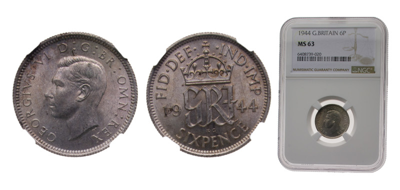 Great Britain 1944 6 Pence - George VI (1st coinage) Silver (.500) 2.83g NGC MS6...