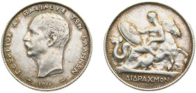 Greece Kingdom 1911 2 Drachmai - George I (3rd portrait) Silver (.835) Paris mint 10g XF KM61