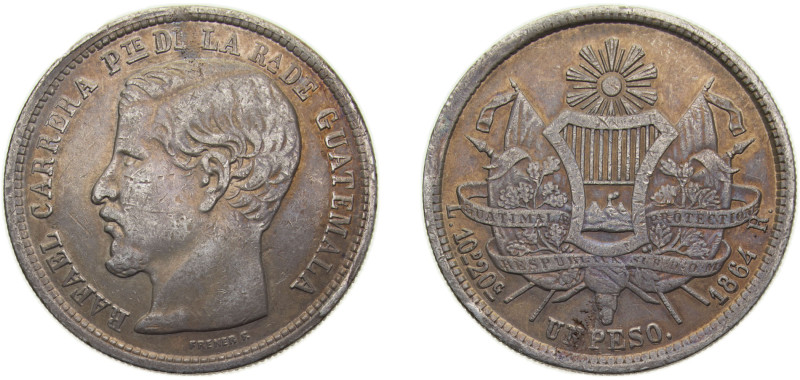 Guatemala Republic 1864R 1 Peso - Rafael Carrera Silver (.903) 27g XF KM182