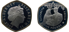 Guernsey Alderney British dependency 2007 5 Pounds - Elizabeth II (60th Wedding Anniversary; Couple at Westminster) Silver (.925) Royal mint 28.28g PF...