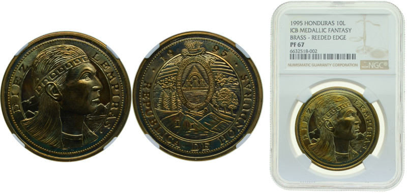 Honduras Republic 1995 10 Lempiras, Fantasy items Brass NGC PF67 X1a.2