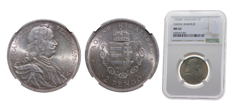 Hungary Kingdom 1935 2 Pengő - Miklós Horthy (Death of Rákóczi) Silver (.640) Bu...