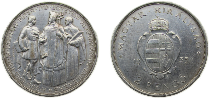 Hungary Kingdom 1935 2 Pengő - Miklós Horthy (Pázmány University) Silver (.640) ...