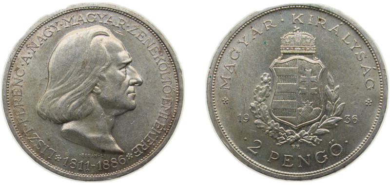 Hungary Kingdom 1936 2 Pengő - Miklós Horthy (Death of Liszt) Silver (.640) Buda...