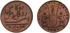 India Madras Presidency British East India Company 1808 10 Cash Copper Soho mint 4.66g XF KM320