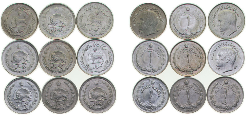 Iran Empire 1963-1978 1 Rial - Mohammad Rezā Pahlavī, 9 Lots Copper-nickel UNC