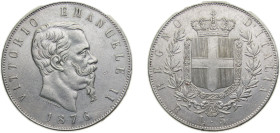 Italy Kingdom 1876R 5 Lire - Victor Emmanuel II Silver (.900) Rome mint 25g AU KM8