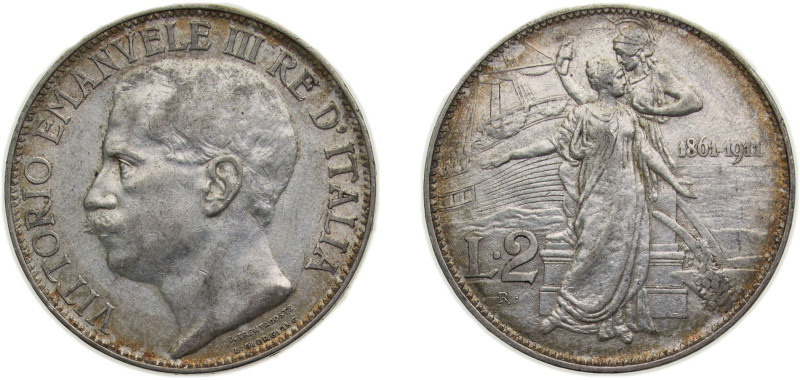 Italy Kingdom 1911R 2 Lire - Vittorio Emanuele III (Kingdom Anniversary) Silver ...