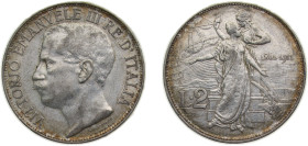 Italy Kingdom 1911R 2 Lire - Vittorio Emanuele III (Kingdom Anniversary) Silver (.835) Rome mint 10g AU KM52