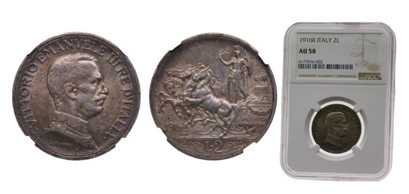 Italy Kingdom 1916R 2 Lire - Vittorio Emanuele III Silver (.835) Rome mint 10g N...