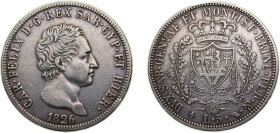 Italy Kingdom of Sardinia Italian states 1826L 5 Lire - Carlo Felice Silver (.900) 25g XF KM116 C105