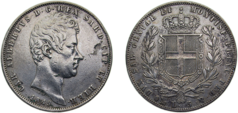 Italy Kingdom of Sardinia Italian states 1849P 5 Lire - Carlo Alberto Silver (.9...