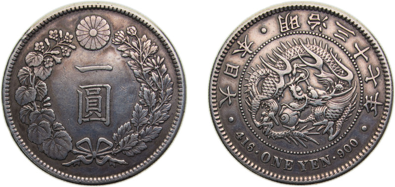 Japan Empire M37 (1904) 年七十三治明 1 Yen - Meiji (small type) Silver (.900) Osaka mi...