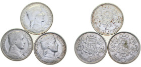 Latvia Republic 1929-1932 5 Lati, 3 Lots Silver (.835) Royal mint (Tower Hill) XF KM9 Schön9