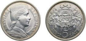 Latvia Republic 1932 5 Lati Silver (.835) Royal mint (Tower Hill) 25g UNC KM9 Schön9