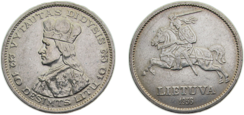 Lithuania Republic 1936 10 Litų (Vytautas) Silver (.750) Kaunas mint 18g AU KM83...