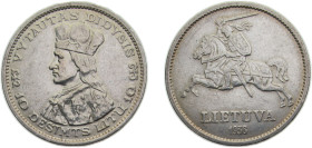 Lithuania Republic 1936 10 Litų (Vytautas) Silver (.750) Kaunas mint 18g AU KM83