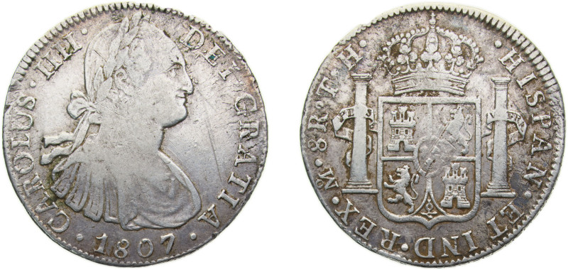 Mexico Spanish colony 1807Mo TH 8 Reales - Carlos IV, Scratches Silver (.903) Me...