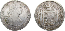 Mexico Spanish colony 1807Mo TH 8 Reales - Carlos IV, Scratches Silver (.903) Mexico City mint 26.9g VF KM109