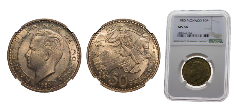 Monaco Principality 1950 50 Francs - Rainier III Aluminium-bronze Paris 8g NGC M...