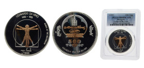 Mongolia Republic 1999 500 Tögrög (Leonardo Da Vinci) Bimetallic: gold plated silver (.925) centre in silver ring 25g PCGS PR65 KM181