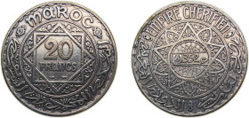 Morocco French Protectorate AH1352 (1933) 20 Francs - Mohammed V Silver (.680) 5.04g XF Y39