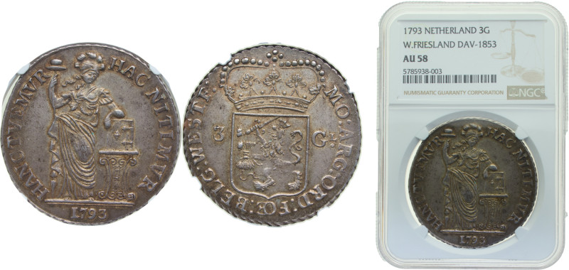 Netherlands Dutch Republic West Friesland 1793 3 Gulden Silver (.920) 31.82g NGC...