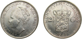 Netherlands Antilles Curaçao Dutch colony 1944D 2½ Gulden - Wilhelmina Silver (.720) (Copper .280) Denver mint 25g UNC KM46 Scholt I1330 Scholt II1395...
