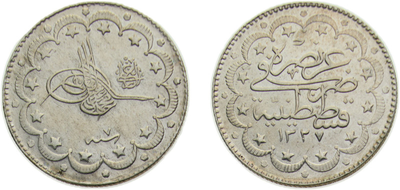 Ottoman Empire AH1327//7 (1915) 10 Kurus - Mehmed V ("el-Ghazi" right of Toughra...