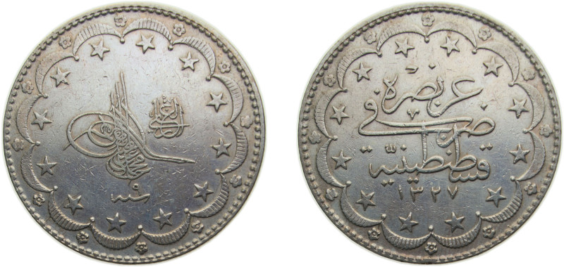 Ottoman Empire AH1327//9 (1917) 20 Kurus - Mehmed V Silver (.830) Konstantiniyye...