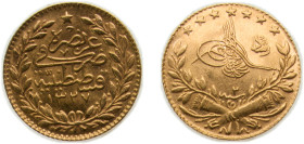 Ottoman Empire AH1327//2 (1910) 25 Kurus - Mehmed V Gold (.917) Konstantiniyye / Qustantiniyah mint 1.8g XF KM752