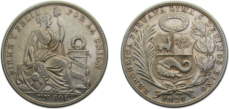 Peru Republic 1924 1 Sol Silver (.500) (Copper .400, Nickel .100) Philadelphia m...