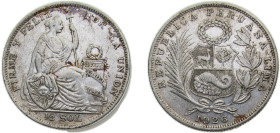 Peru Republic 1926LIMA GM ½ Sol Silver (.500) Lima mint 12.5g XF KM216
