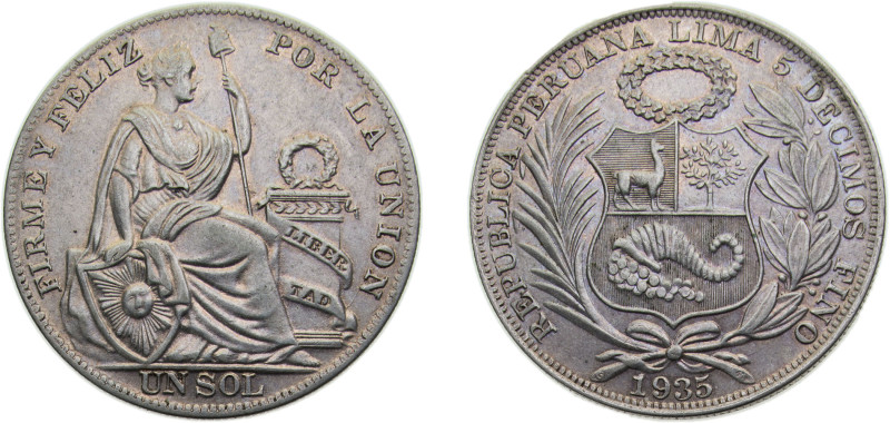 Peru Republic 1935 1 Sol Silver (.500) (Copper .400, Nickel .100) Philadelphia m...