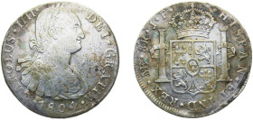 Peru Spanish colony 1804LIMA JP 8 Reales - Carlos IV Silver (.896) Lima mint 26.7g VF KM97