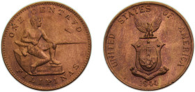 Philippines Commonwealth 1944S (0) 1 Centavo Brass (95% Copper, 5% Zinc) San Francisco mint 5.3g UNC KM179 Schön17