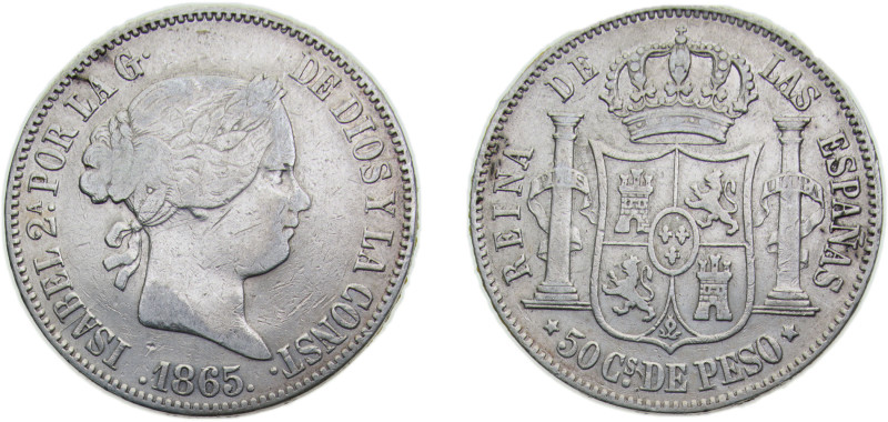 Philippines Spanish colony 1865 50 Centimos - Isabella II Silver (.900) Manila m...